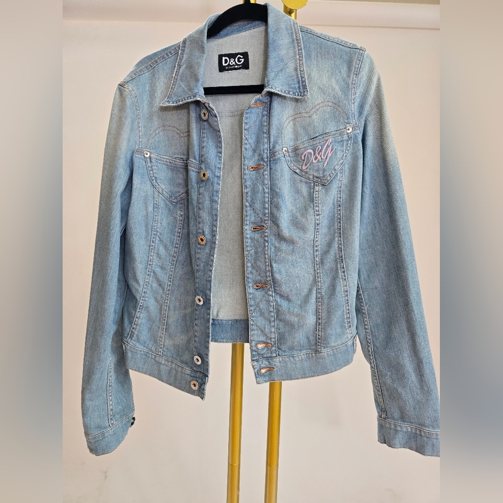 D&G Women's Light Blue Denim Jacket Dolce Gabbana Large Hearts 10 Y2K